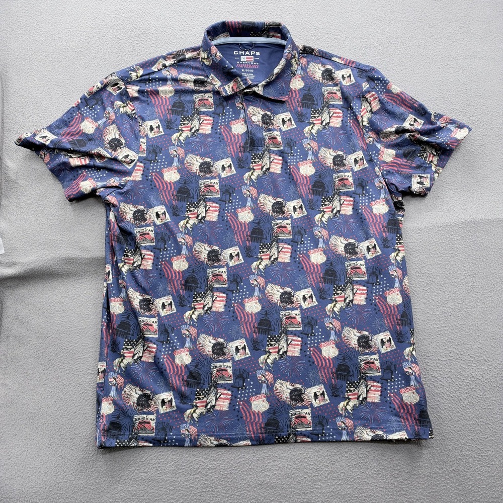 Chaps Polo Shirt Mens XL Blue USA Patriotic Graphic Everyday Performance Stretch